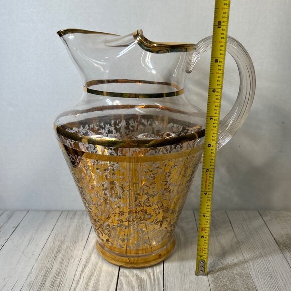 Vintage MCM Pitcher with 5 Tumblers Gold Embellished Floral Rose Design SET - Picture 7 of 10